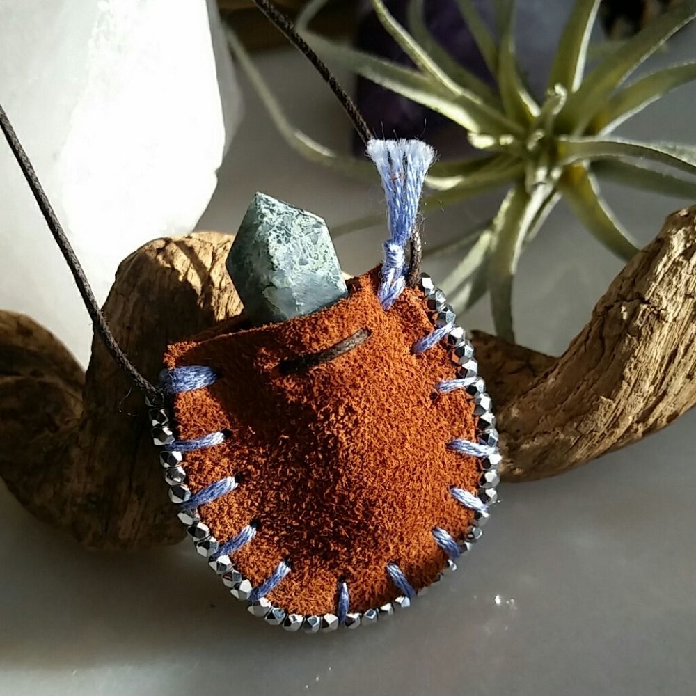 Leather Mini Mojo Bag Necklace by Rust Belt Raised Moss Agate Necklace - Picture 10 of 16